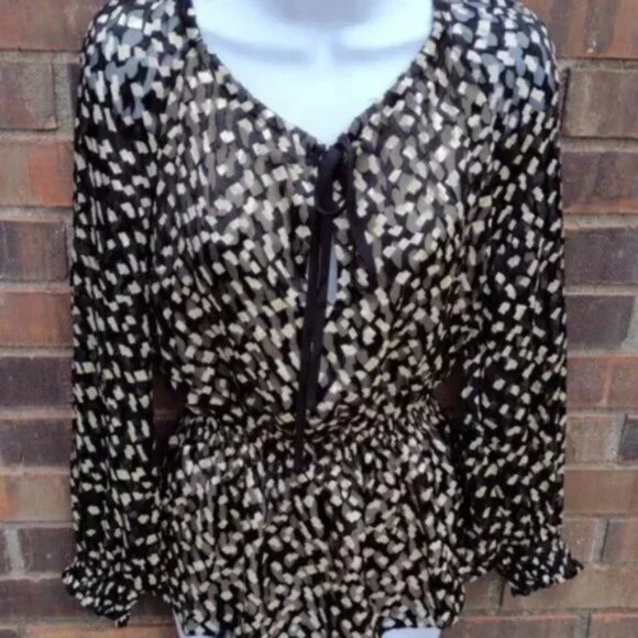 Theory Women's Black Gold Silk Blend Square Burnout Peplum Tie Neck Blouse S NWT - Picture 2 of 8